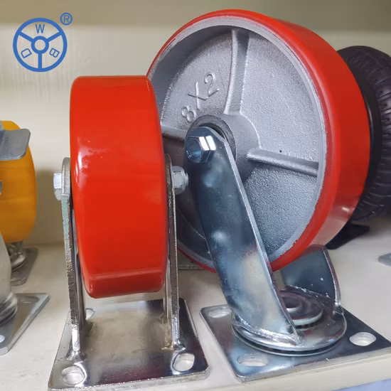 4 5 6 8 インチのトップホイール、鋳鉄コア PU ホイールスイベルキャスター付き